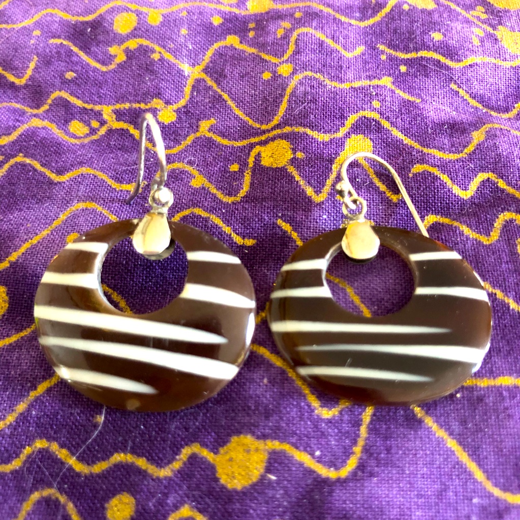 Brown And White Stripe Espresso Colored Earrings With Sterling Silver At The Top